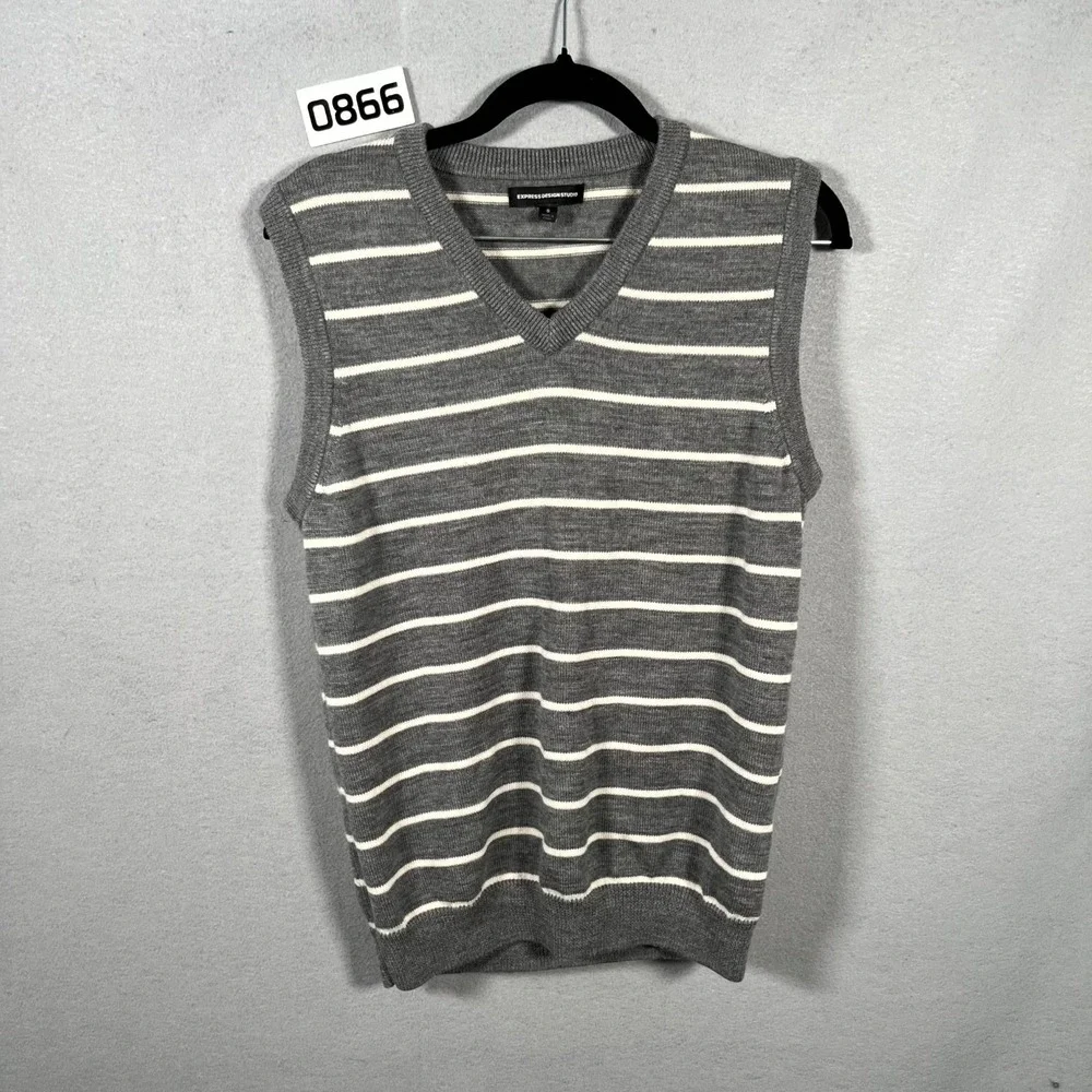 Express Design Studio‎ Sweater Vest Mens S Gray White Striped Tight Knit V Neck